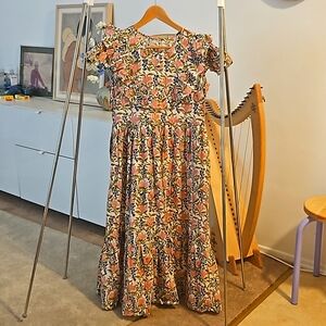 MILLE FLORAL FLUTTER SLEEVE, BLOCK PRINTED TIERED MIDI DRESS, SMALL, NWOT